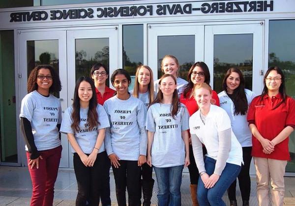 Students posed outside of Hertzberg building