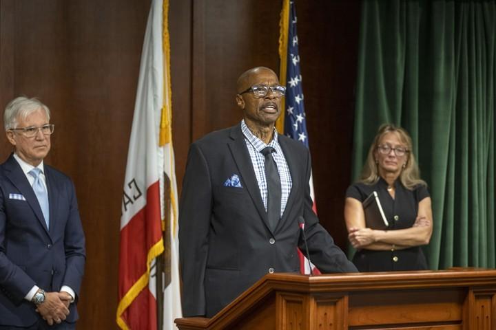 Maurice Hastings, who was freed from prison after serving 38 years for a wrongful conviction, speaks during a news conference at